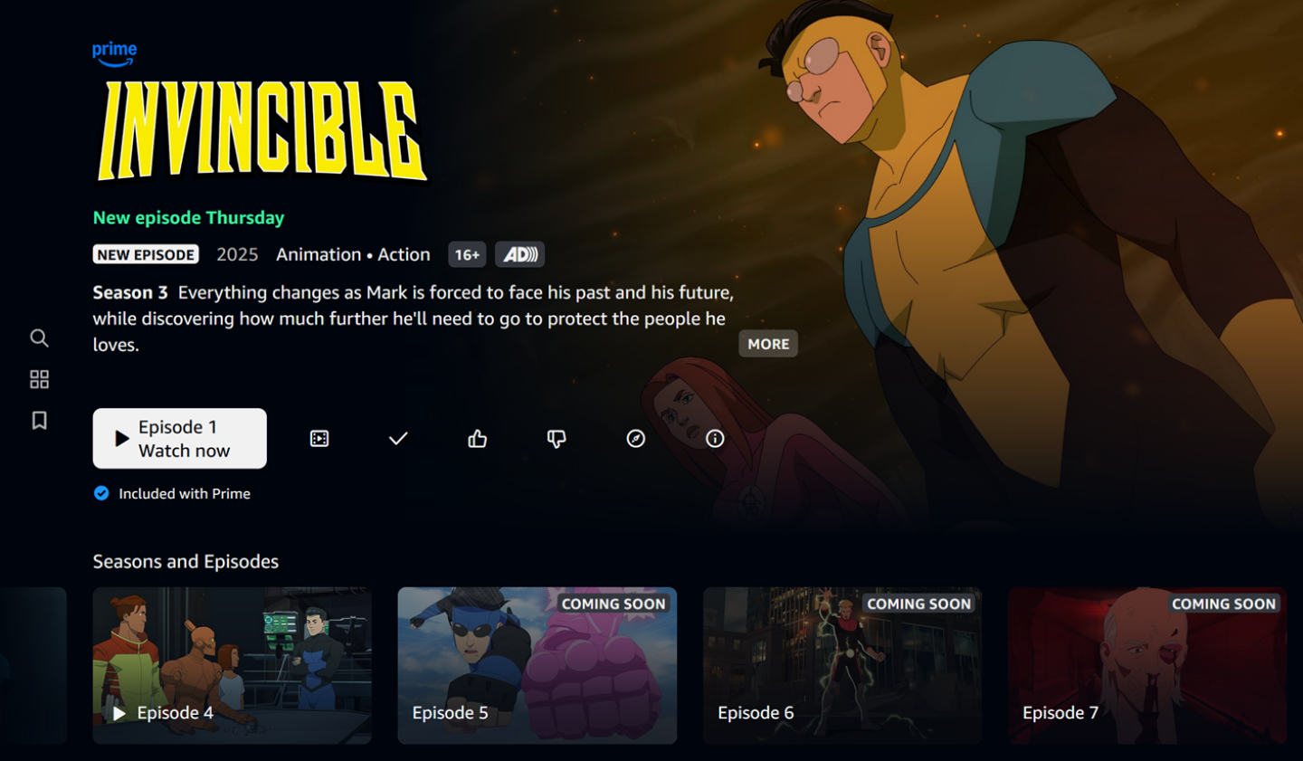 An example of additional high-value messaging on an episode of a non-binge TV season. Messaging includes an availability date for the next episode, and "NEW EPISODE" and "COMING SOON" badging.