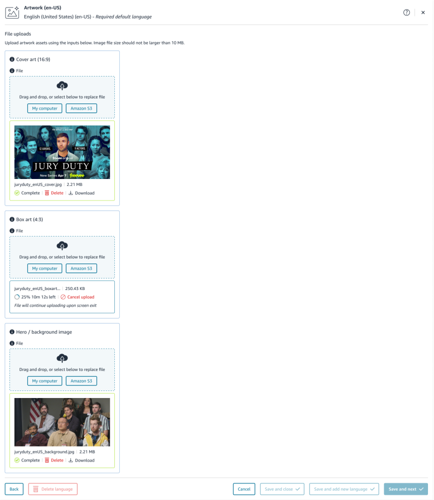 Sample Artwork section of the Add season workflow in Title Hub