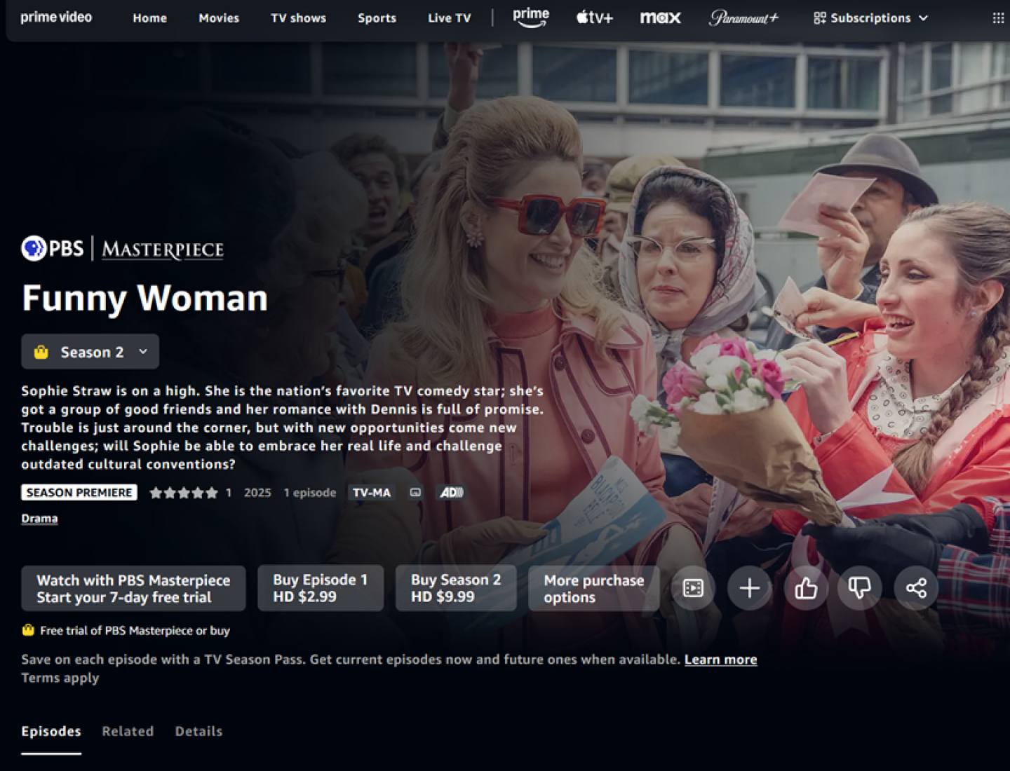 Example of detail page with "SEASON PREMIERE" badge displayed for a specific TV episode