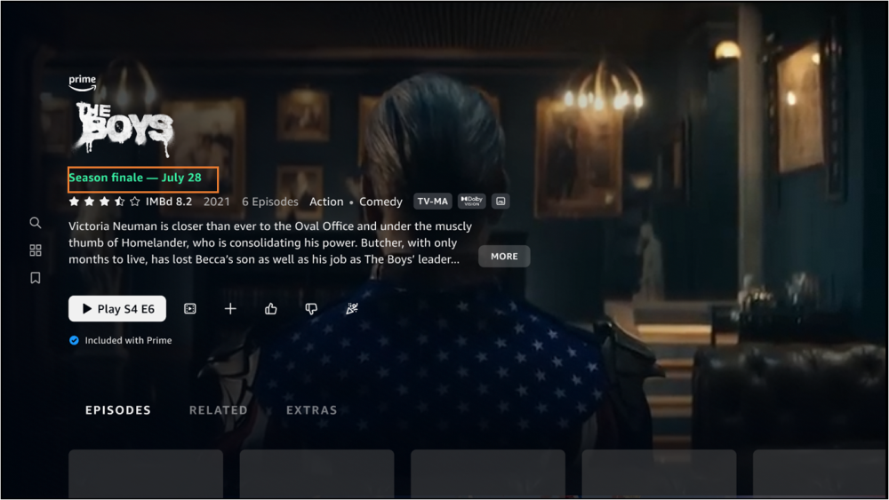 Example TV series detail page announcing the availability date of a season finale
