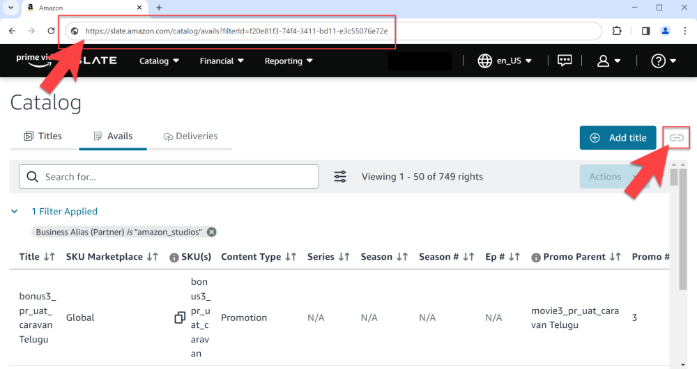 Catalog Manager, highlighting the shareable Filter ID URL in the address bar and the Copy URL button