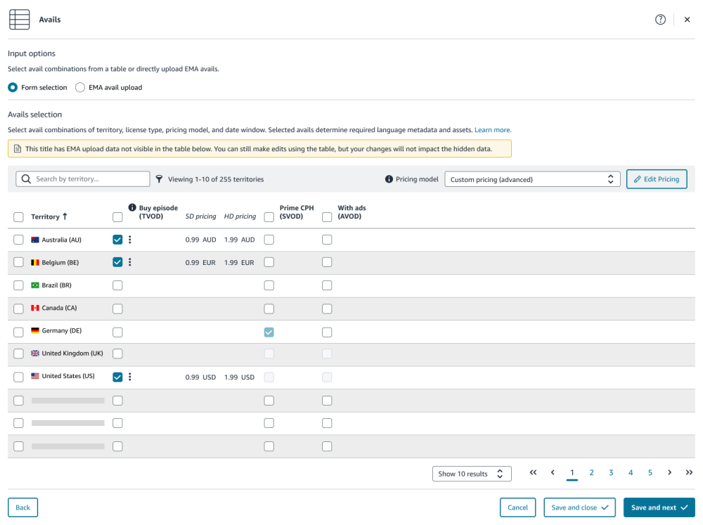 Avails page in the Add season workflow