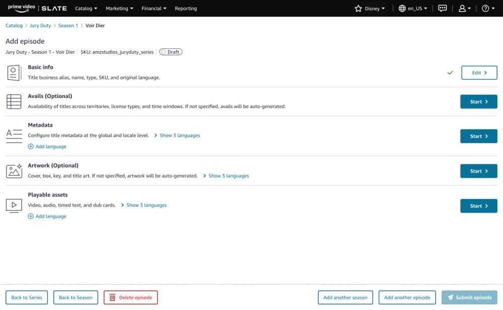 First page of the Add episode workflow, with the categories of information to fill out displayed