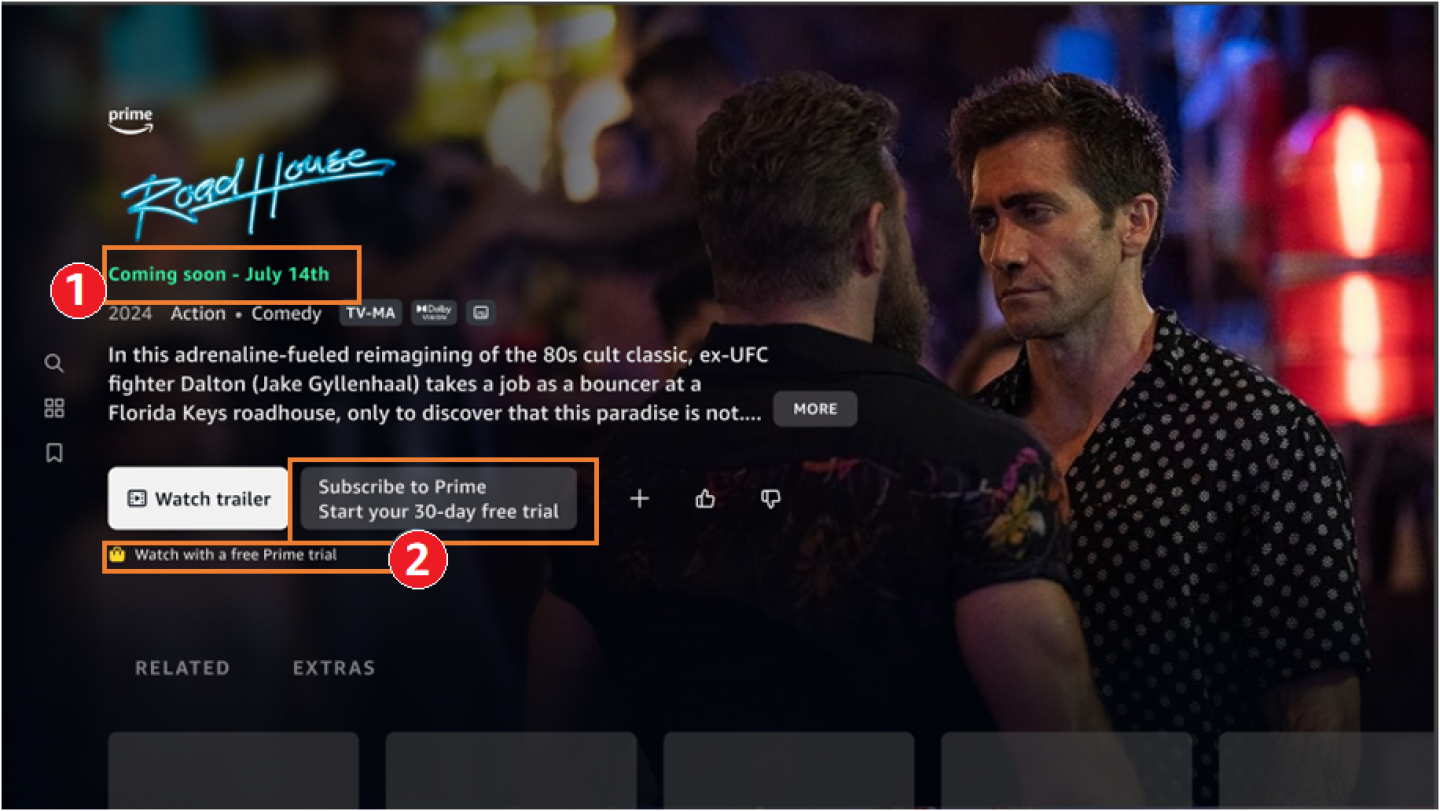 Example of an enhanced pre-release detail page, showing an upcoming release date and indicating that customers must subscribe to Prime to view the content