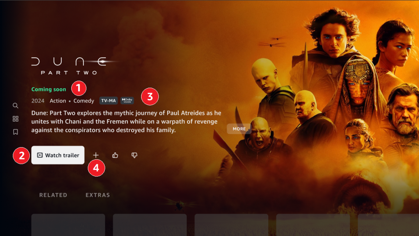 Sample pre-release detail page, with "Coming soon" messaging, Watch trailer button, detailed content information, and Add to Watchlist button highlighted