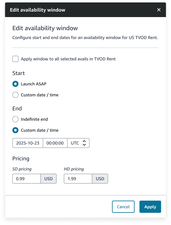 Edit availability window dialog box