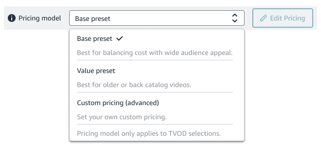 Pricing model dropdown menu, showing Base preset (selected), Value preset, and Custom pricing
