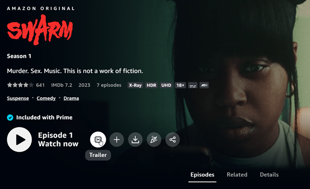 Sample series display page, with the Trailer button highlighted