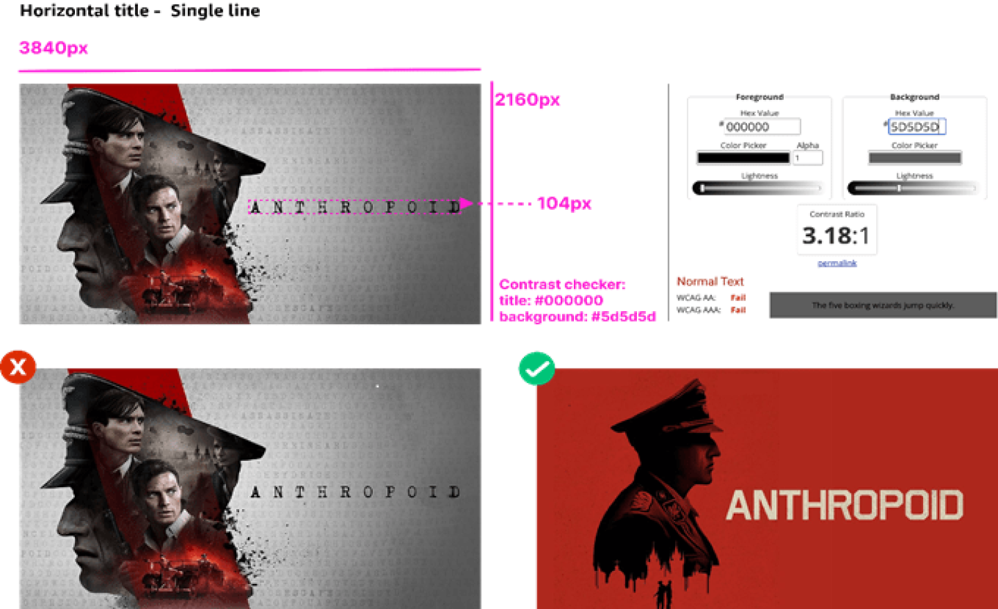Annotated example of a single-line horizontal title on Artwork, formatted to enhance both font size and contrast.