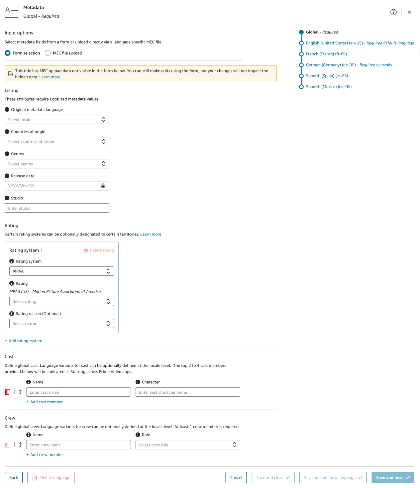 Metadata page in the Add season workflow