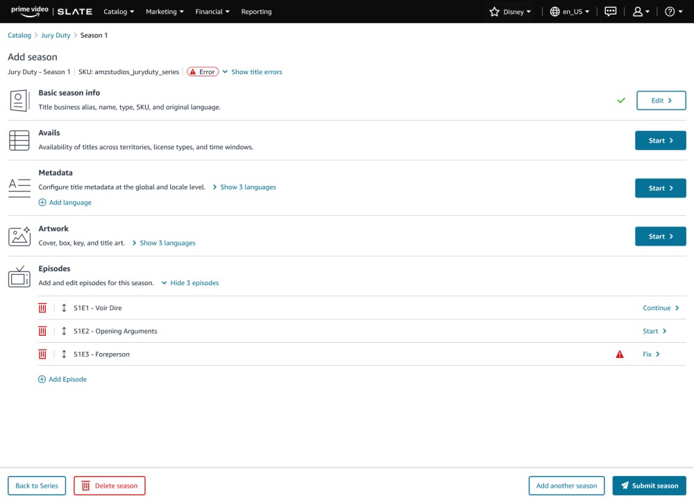 First page of the Add season workflow, with the categories of information to fill out displayed