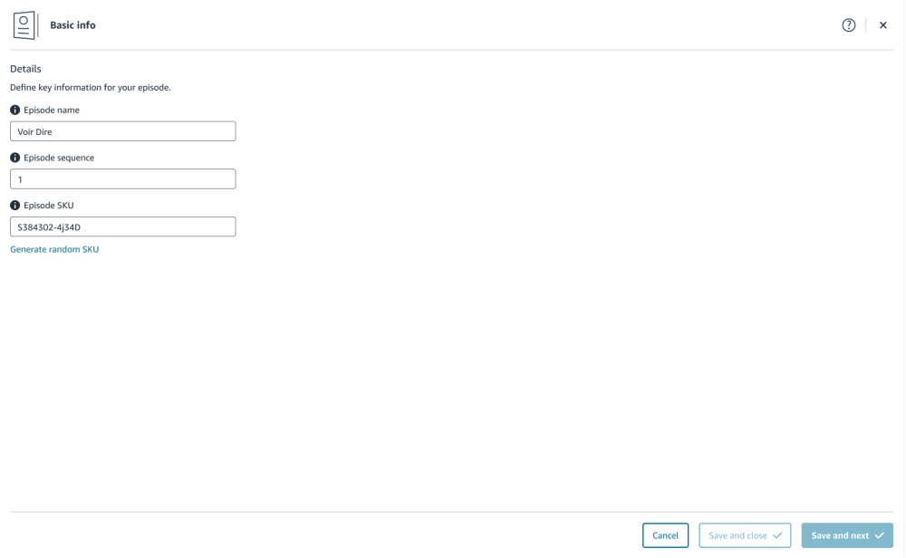 Basic info page for an individual episode in the Add episode workflow
