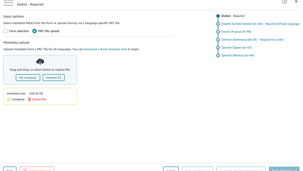 MEC file upload UI, from the Metadata section of the Add episode workflow