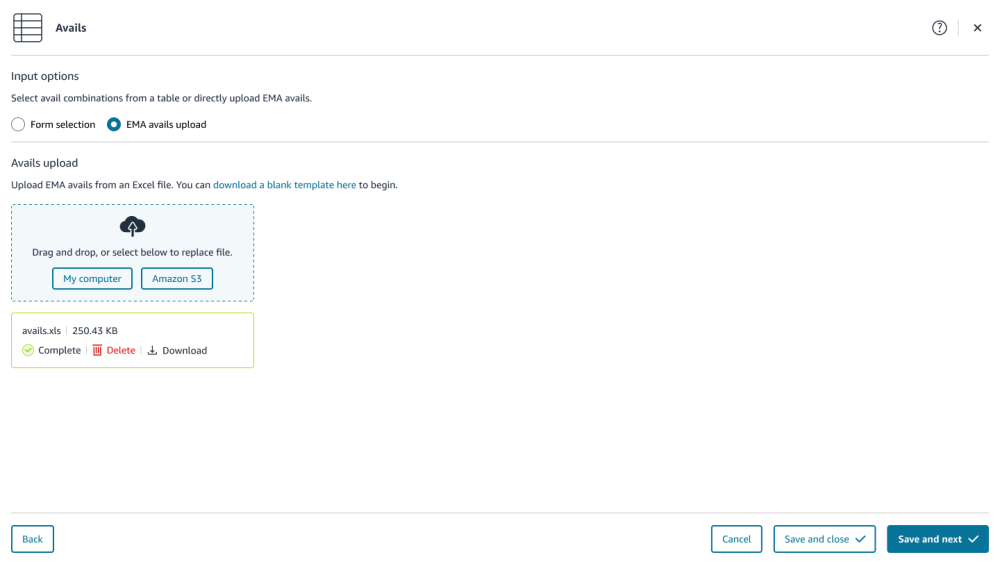 EMA Avails file upload UI, from the Add title workflow