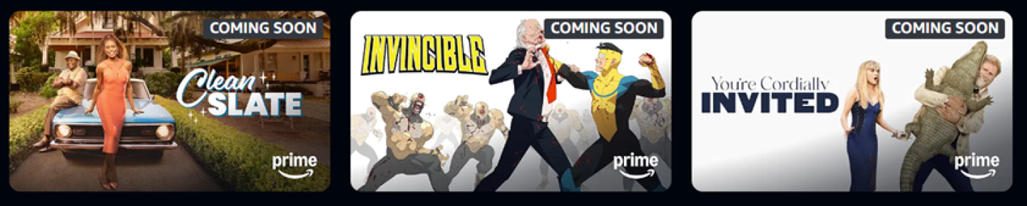 Examples of "COMING SOON" badging applied to upcoming titles in a carousel