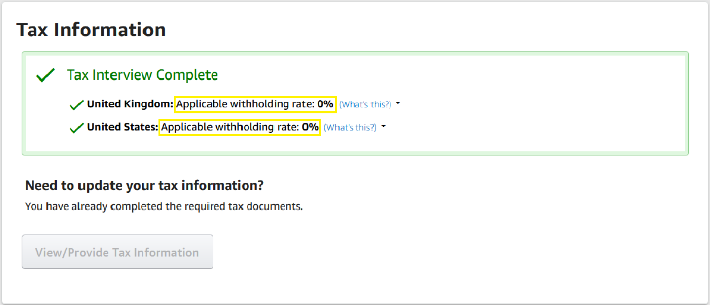 Sample tax information, showing the applied withholding rates for several countries