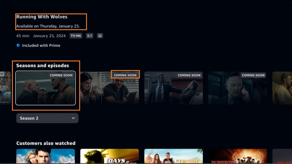 Example of a TV series detail page, with the title of an upcoming episode and its availability date displayed, along with COMING SOON badging on subsequent episodes