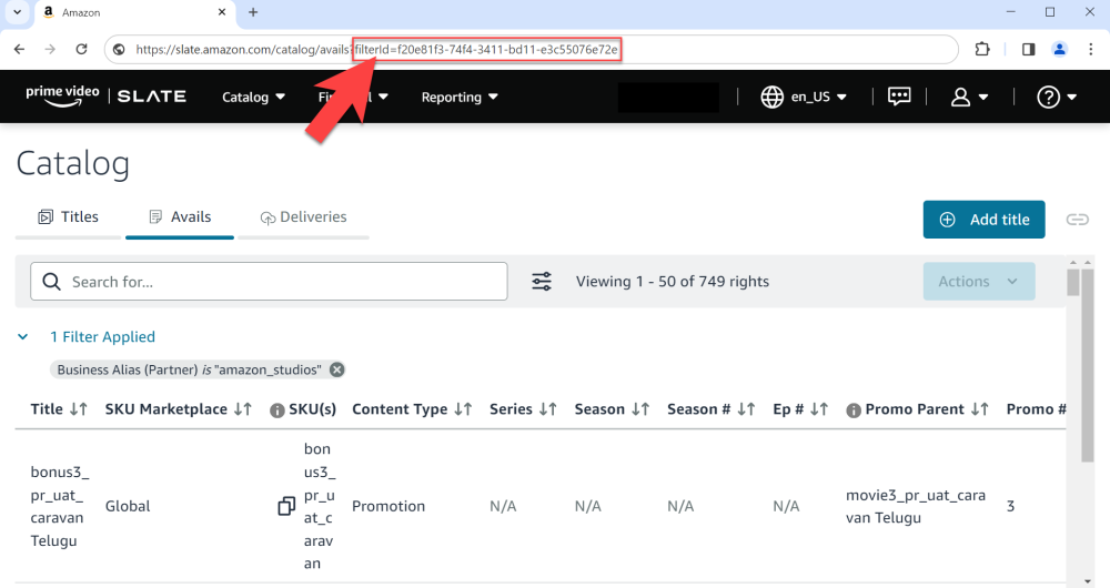 Catalog Manager, showing the filter ID generated from a search as part of the URL in the web browser